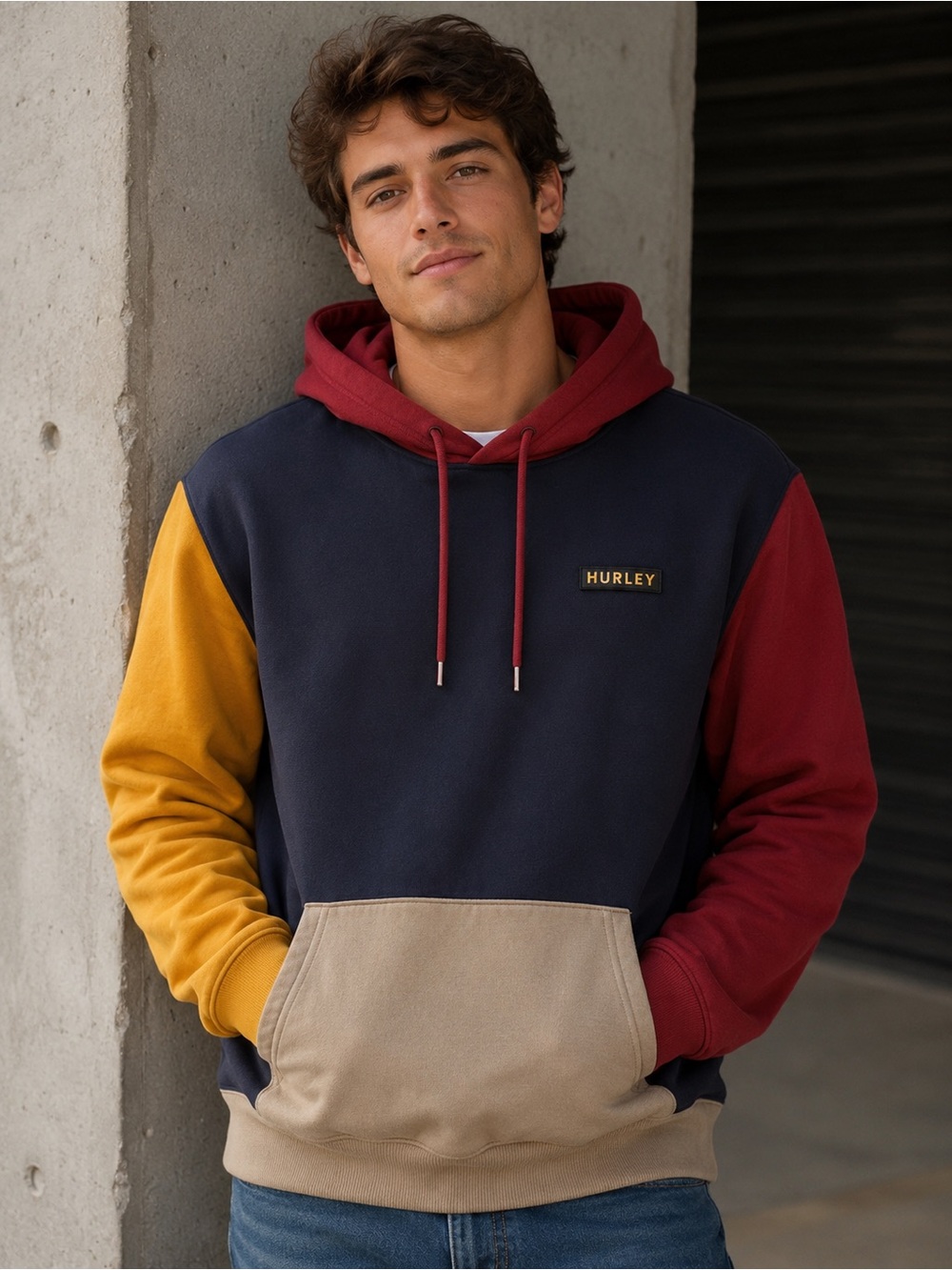 Hurley Navy Pullover Hoodie with Red, Yellow & Tan Colorblocks